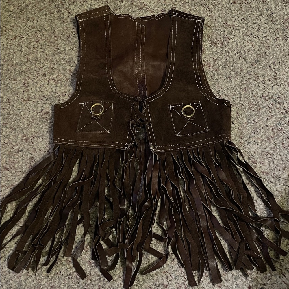 Vintage Brown leather Fringe Vest with white contrast stitch &open pockets